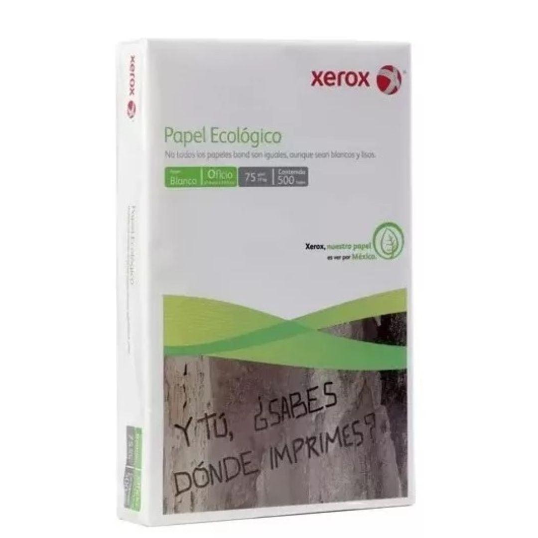 Paquete de papel ecológico Xerox tamaño oficio (216 x 340 mm), 500 hojas recicladas - 75g/m², 93% blancura, libre de cloro - Compatible con láser, inkjet y copiadoras
